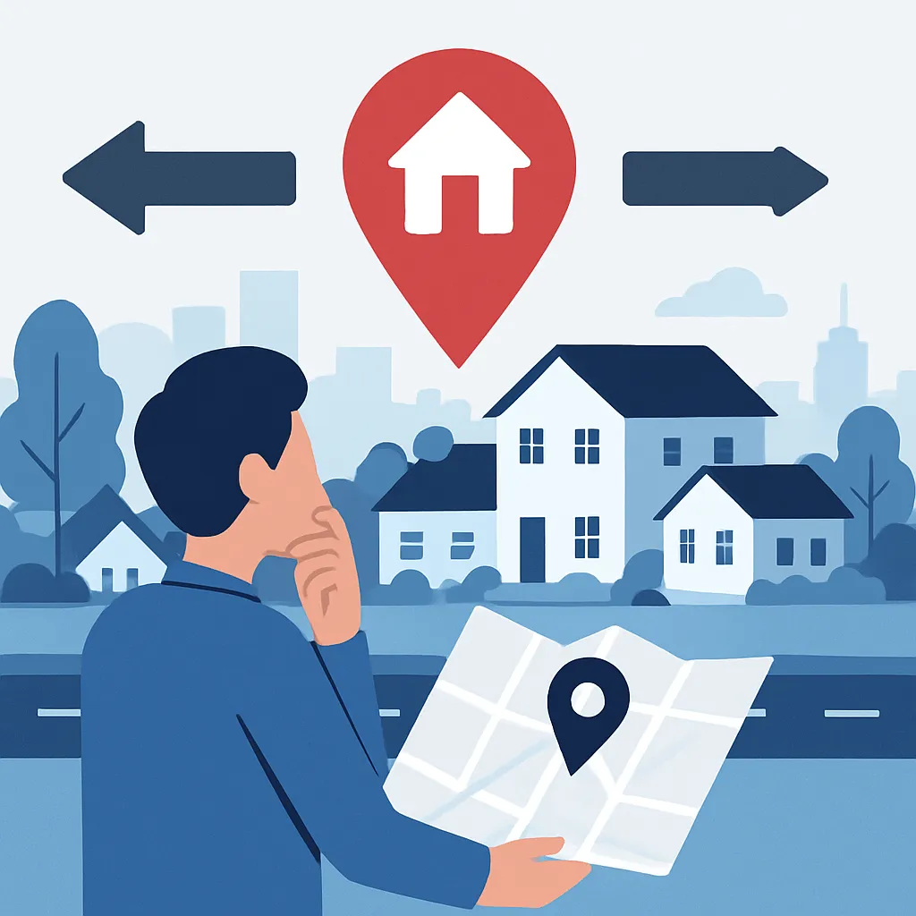 Illustratie van iemand die een kaart bekijkt en nadenkt over het kiezen van de juiste woninglocatie, met een duidelijke locatiepin en woonwijk op de achtergrond.